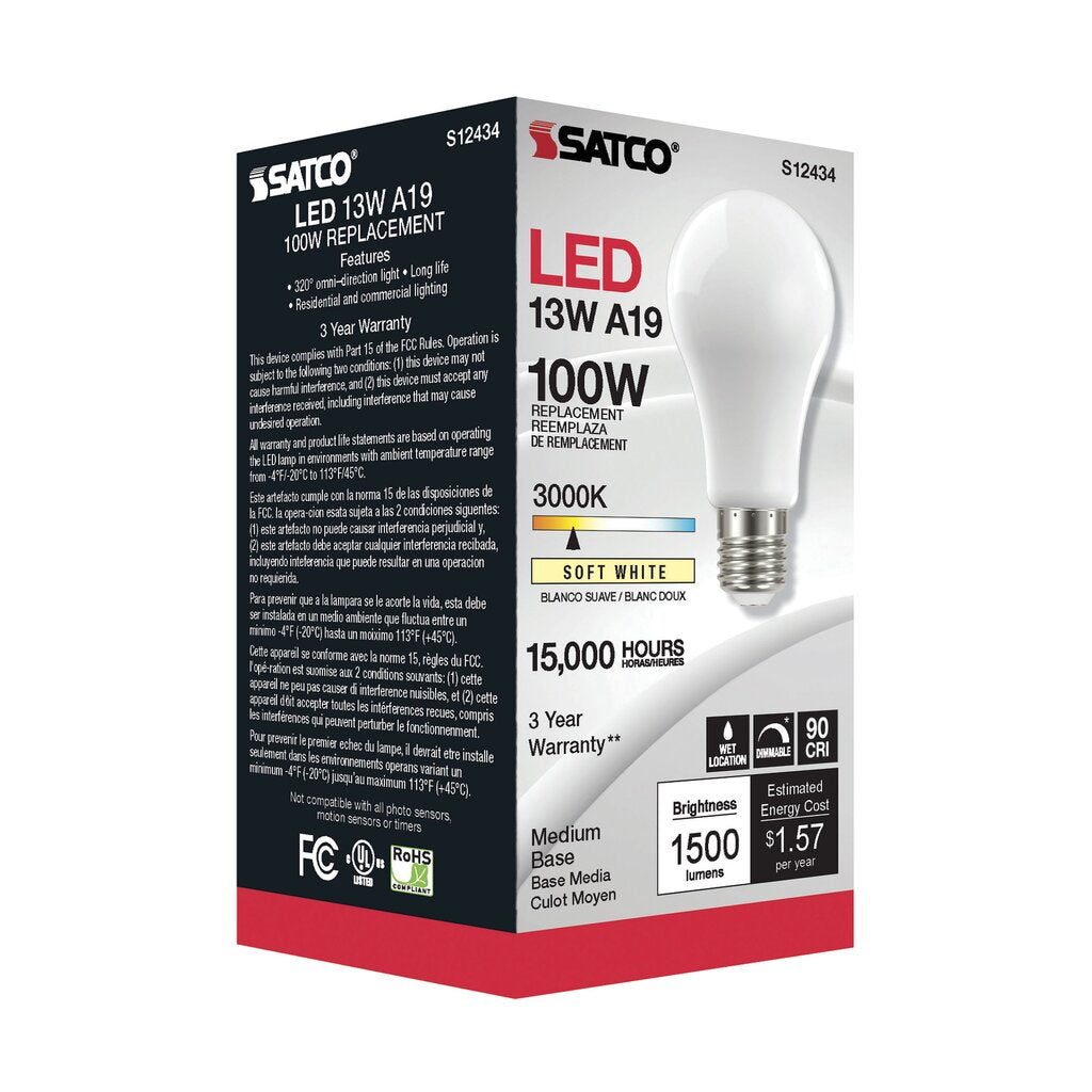 Satco S12434 13.5W A19 LED Light Bulb