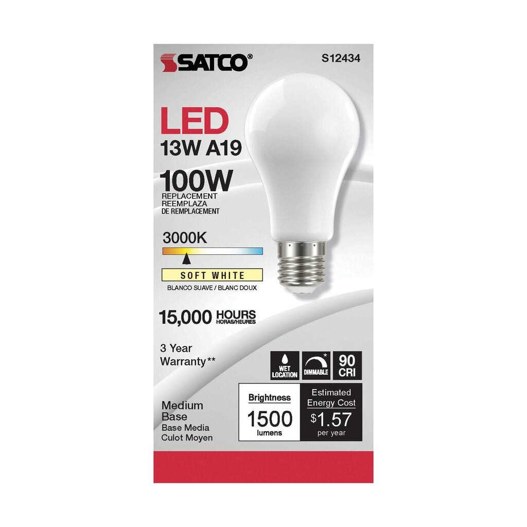 Satco S12434 13.5W A19 LED Light Bulb