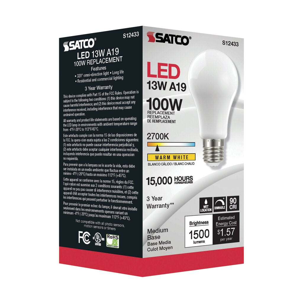Satco S12433 13.5W A19 Warm White LED Light Bulb
