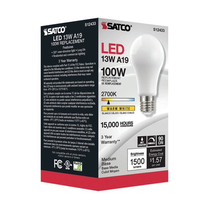 Satco S12433 13.5W A19 Warm White LED Light Bulb