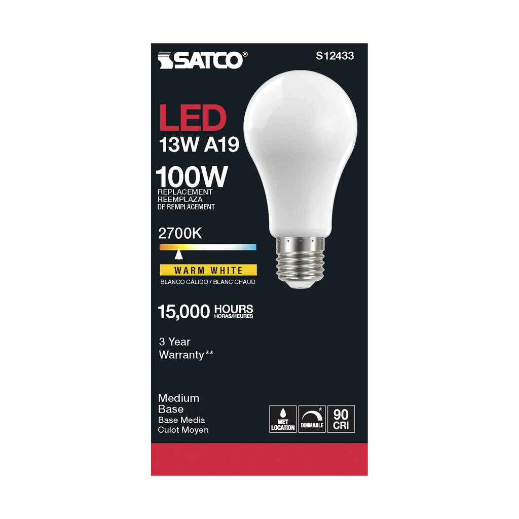 Satco S12433 13.5W A19 Warm White LED Light Bulb