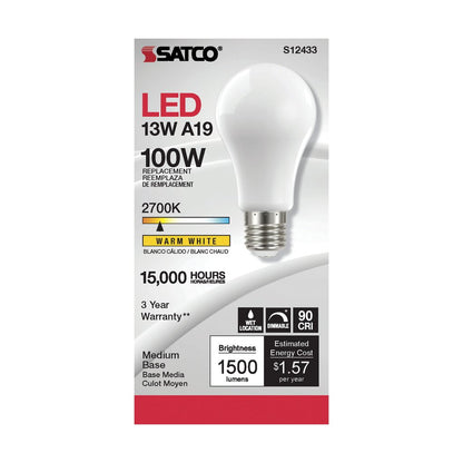 Satco S12433 13.5W A19 Warm White LED Light Bulb