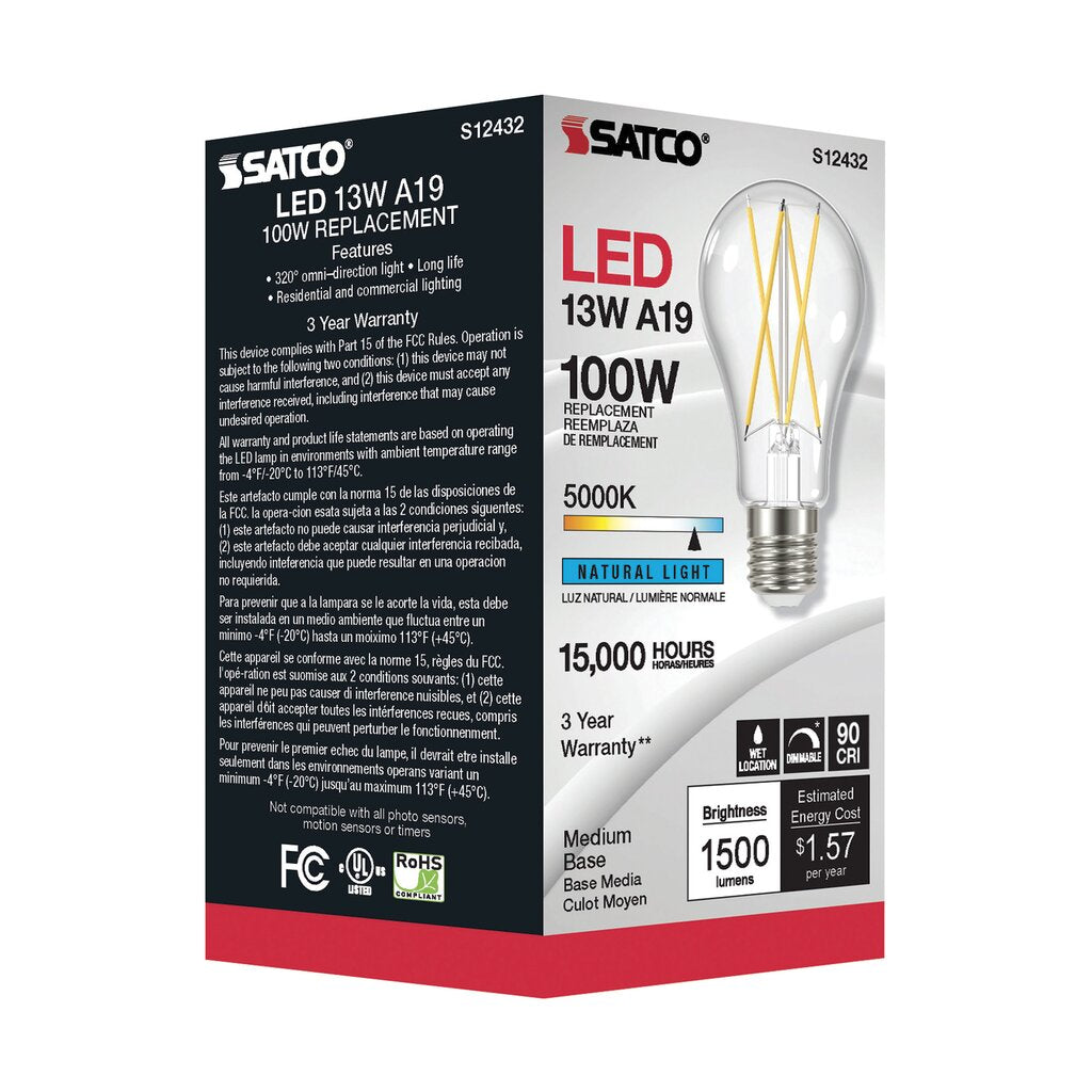 Satco S12432 12.5W A19 LED Light Bulb