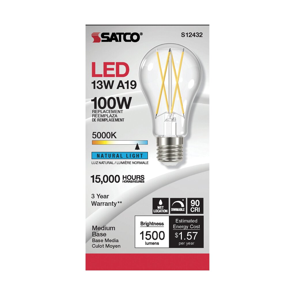 Satco S12432 12.5W A19 LED Light Bulb