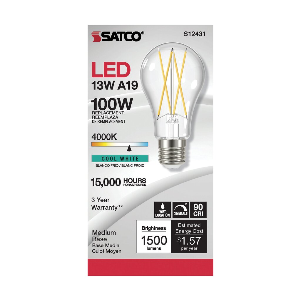 Satco S12431 12.5W A19 LED Light Bulb