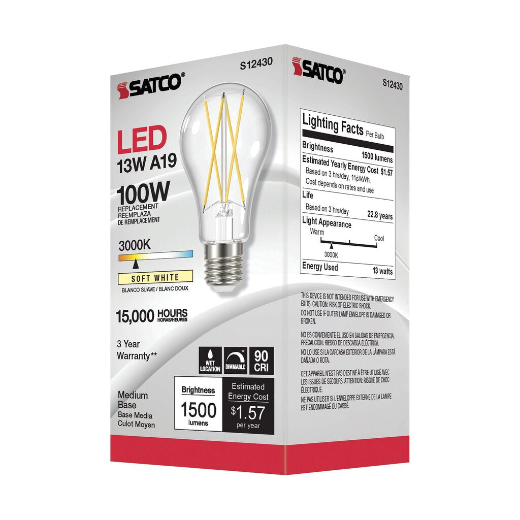 Satco S12430 12.5W A19 LED Light Bulb