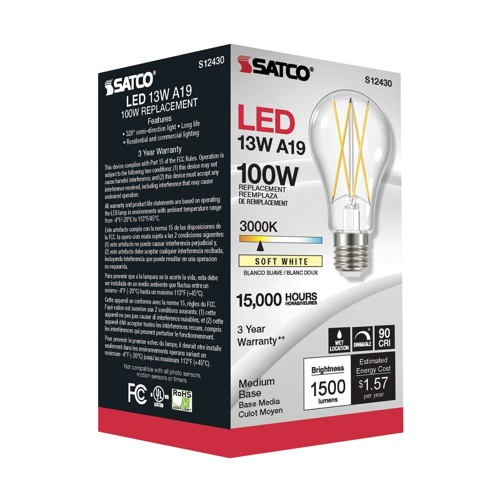 Satco S12430 12.5W A19 LED Light Bulb
