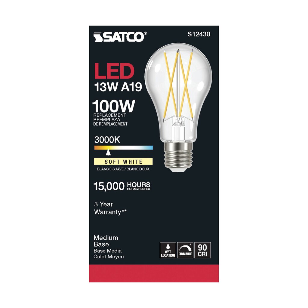 Satco S12430 12.5W A19 LED Light Bulb