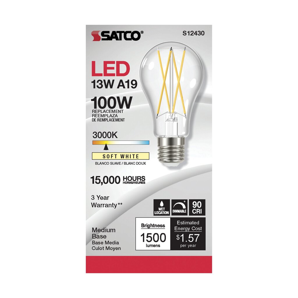 Satco S12430 12.5W A19 LED Light Bulb