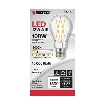 Satco S12430 12.5W A19 LED Light Bulb