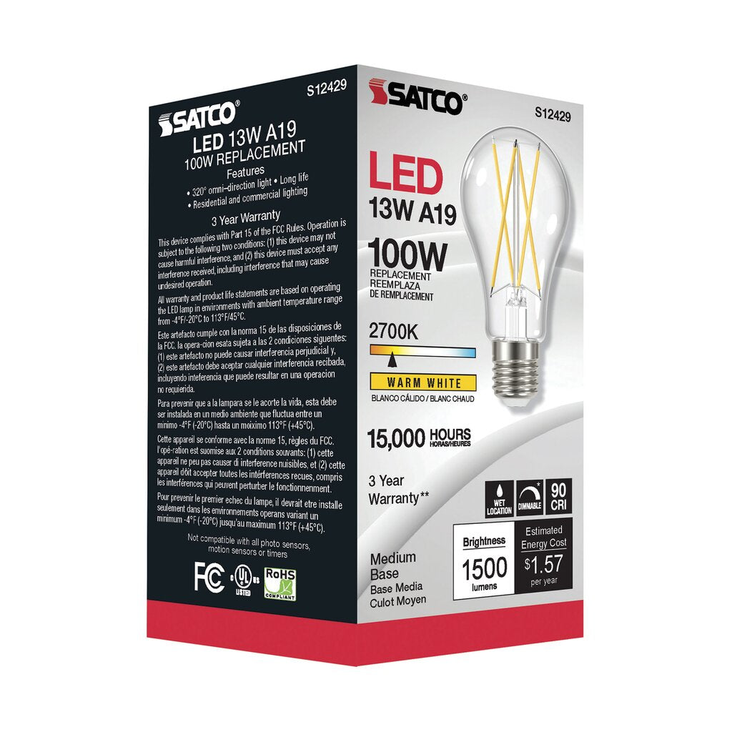 Satco S12429 12.5W A19 Warm White LED Light Bulb