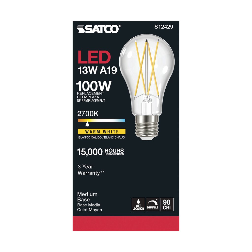 Satco S12429 12.5W A19 Warm White LED Light Bulb