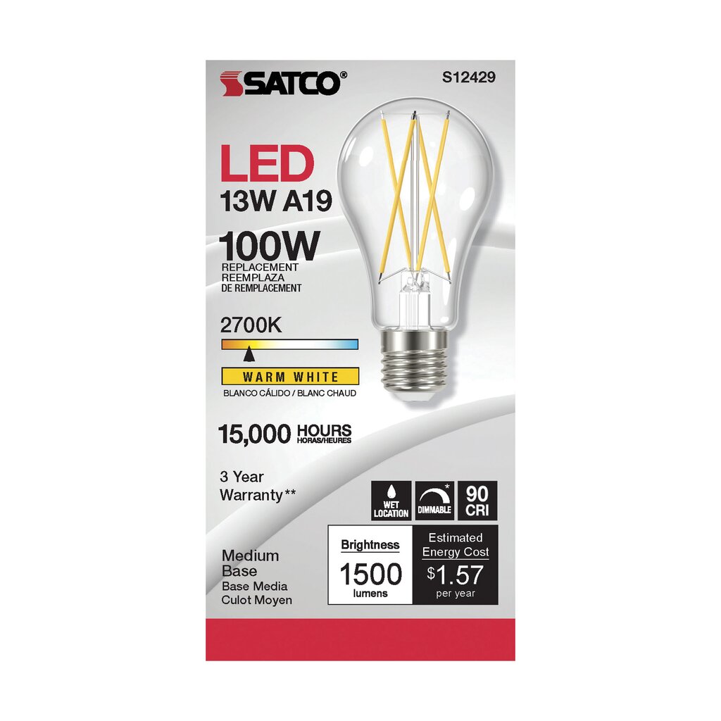 Satco S12429 12.5W A19 Warm White LED Light Bulb