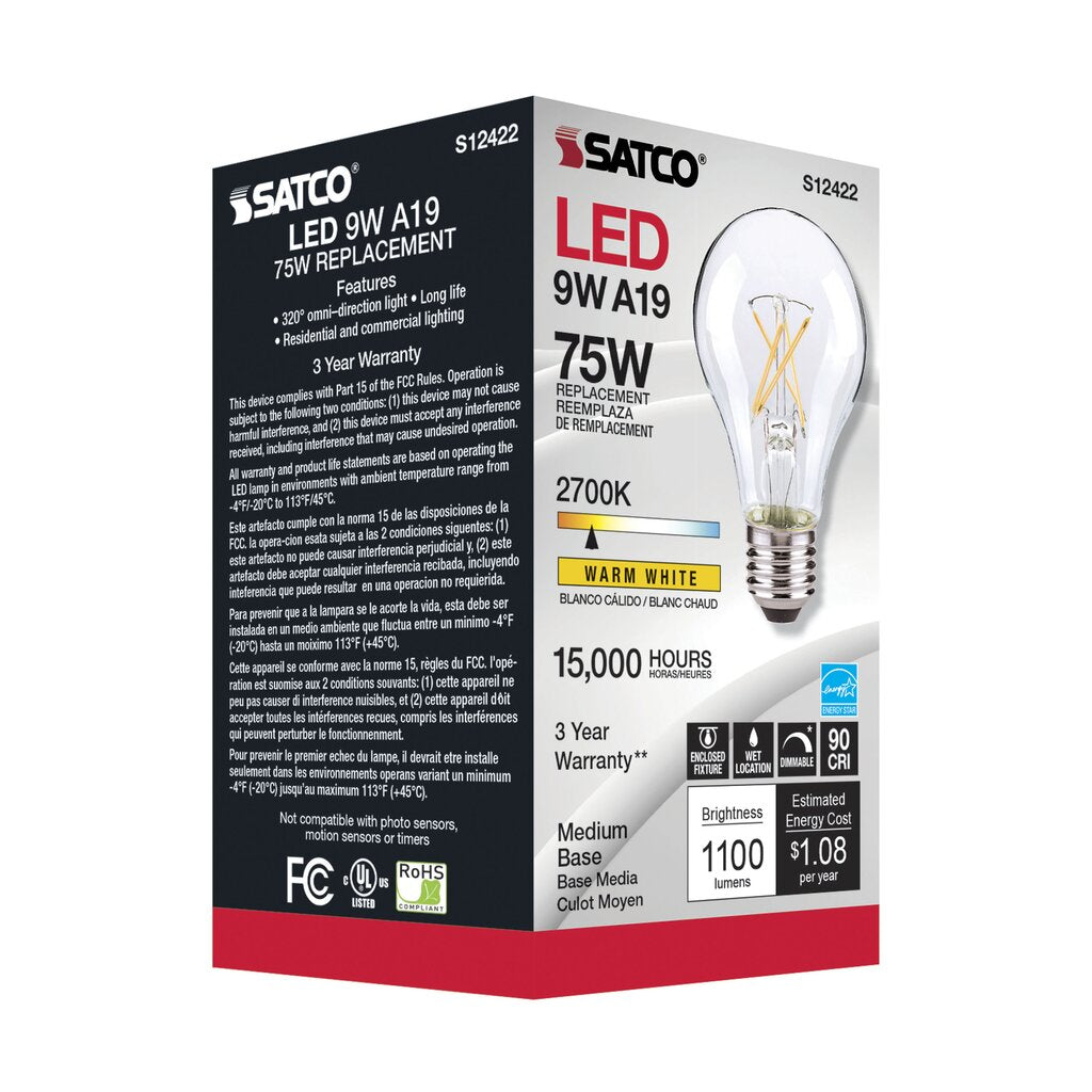 Satco S12422 10.5W A19 Warm White LED Light Bulb