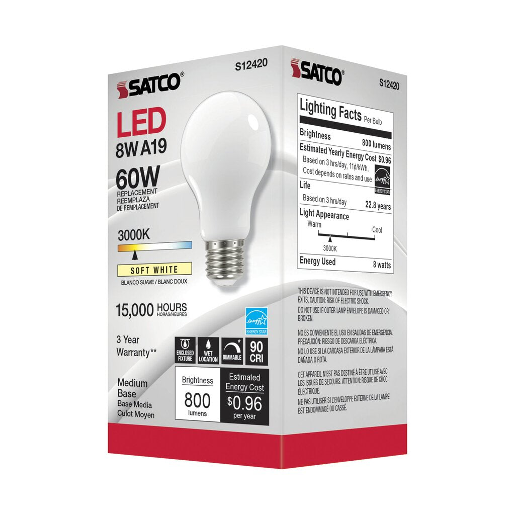 Satco S12420 8.2W A19 LED Light Bulb