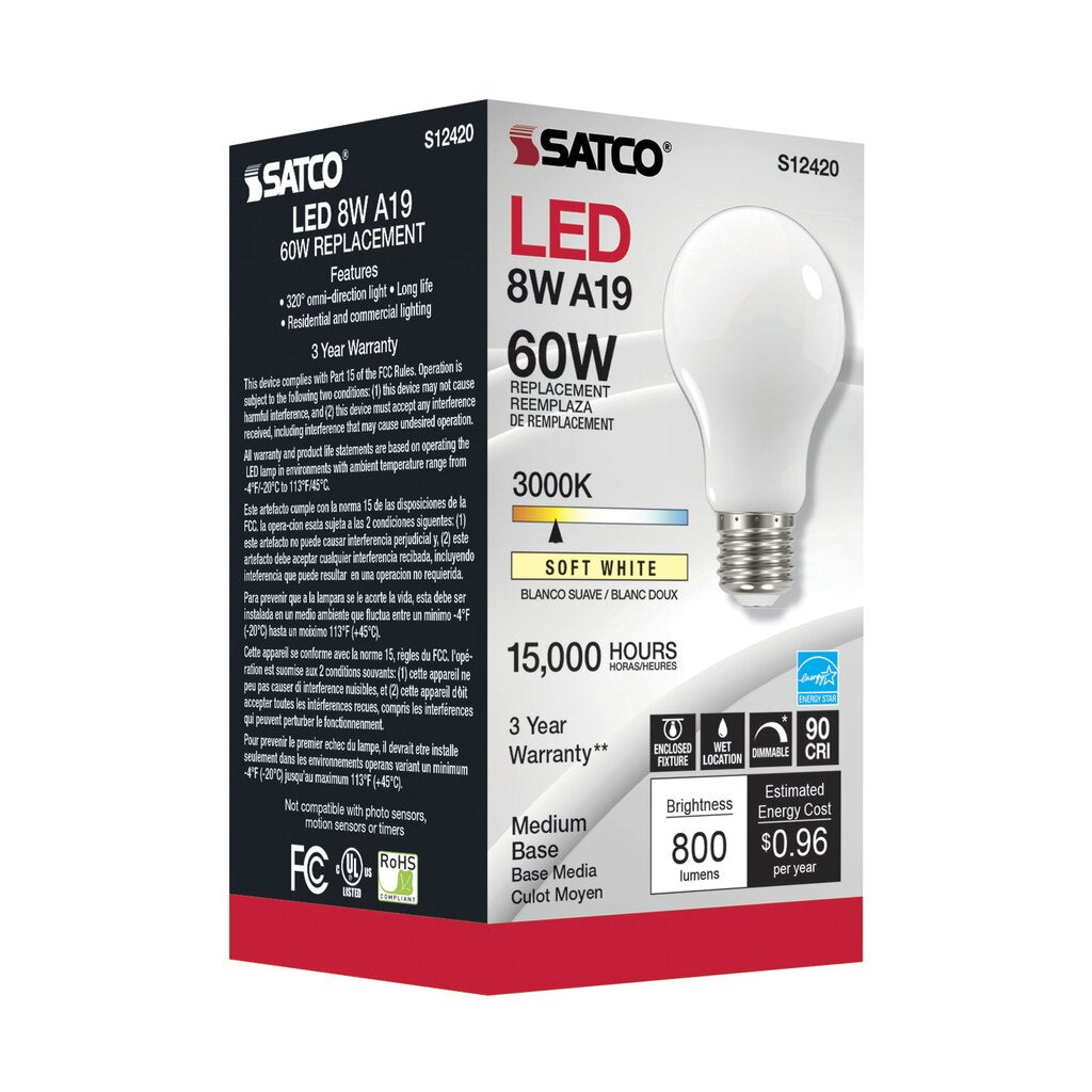 Satco S12420 8.2W A19 LED Light Bulb