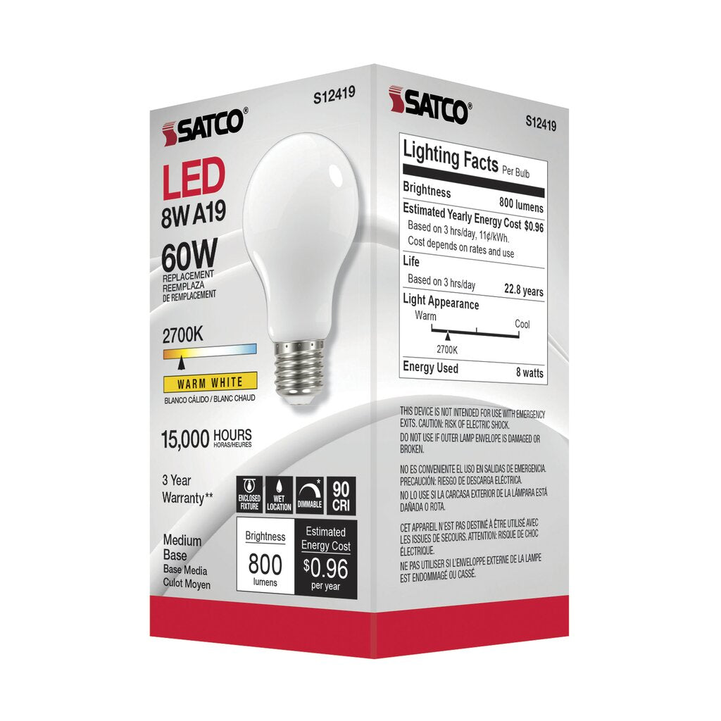 Satco S12419 8.2W A19 LED Light Bulb