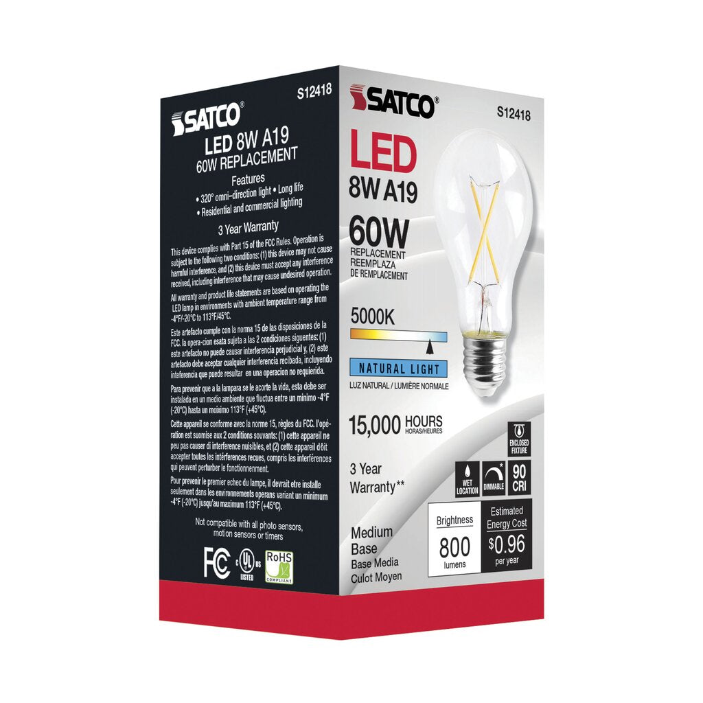 Satco S12418 8W A19 5000K LED Light Bulb
