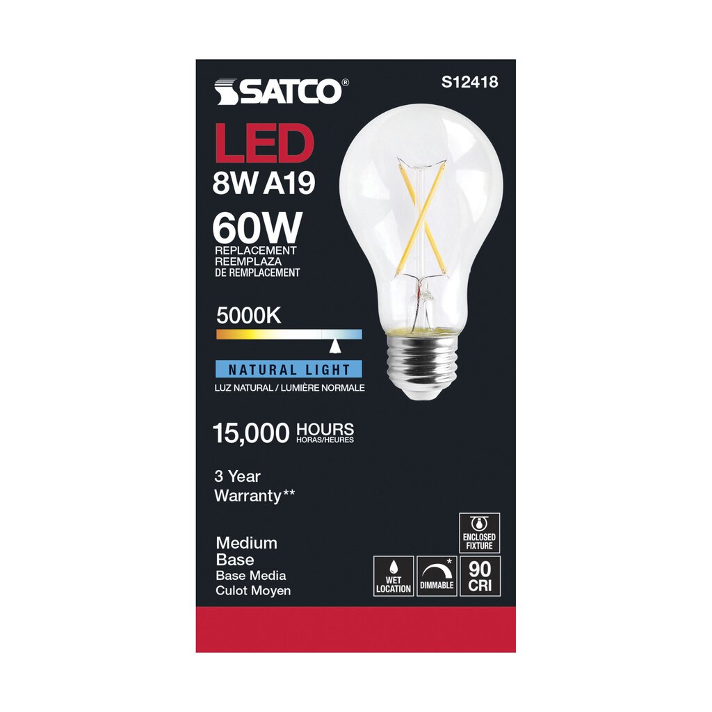Satco S12418 8W A19 5000K LED Light Bulb