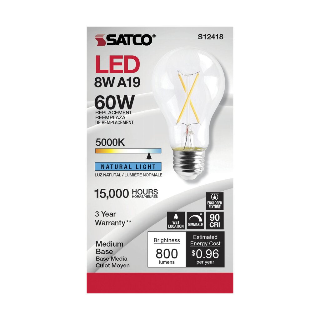Satco S12418 8W A19 5000K LED Light Bulb