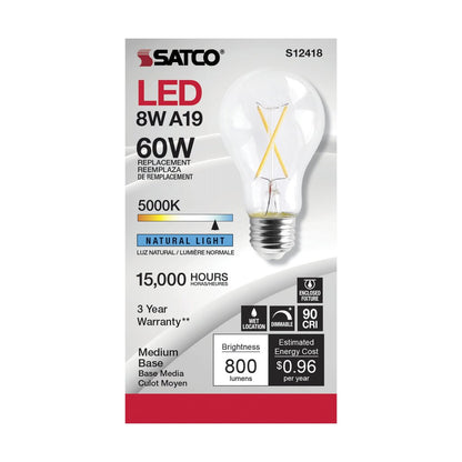 Satco S12418 8W A19 5000K LED Light Bulb