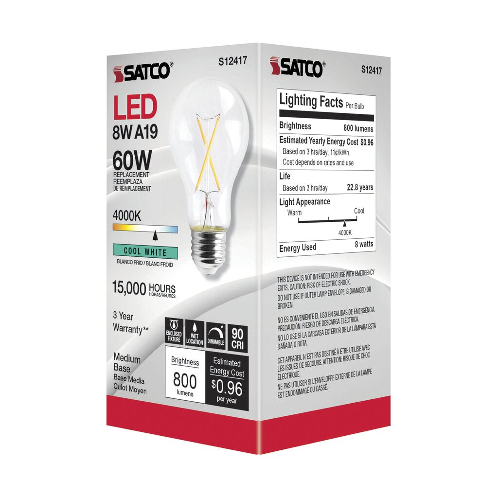 Satco S12417 8W A19 LED Light Bulb