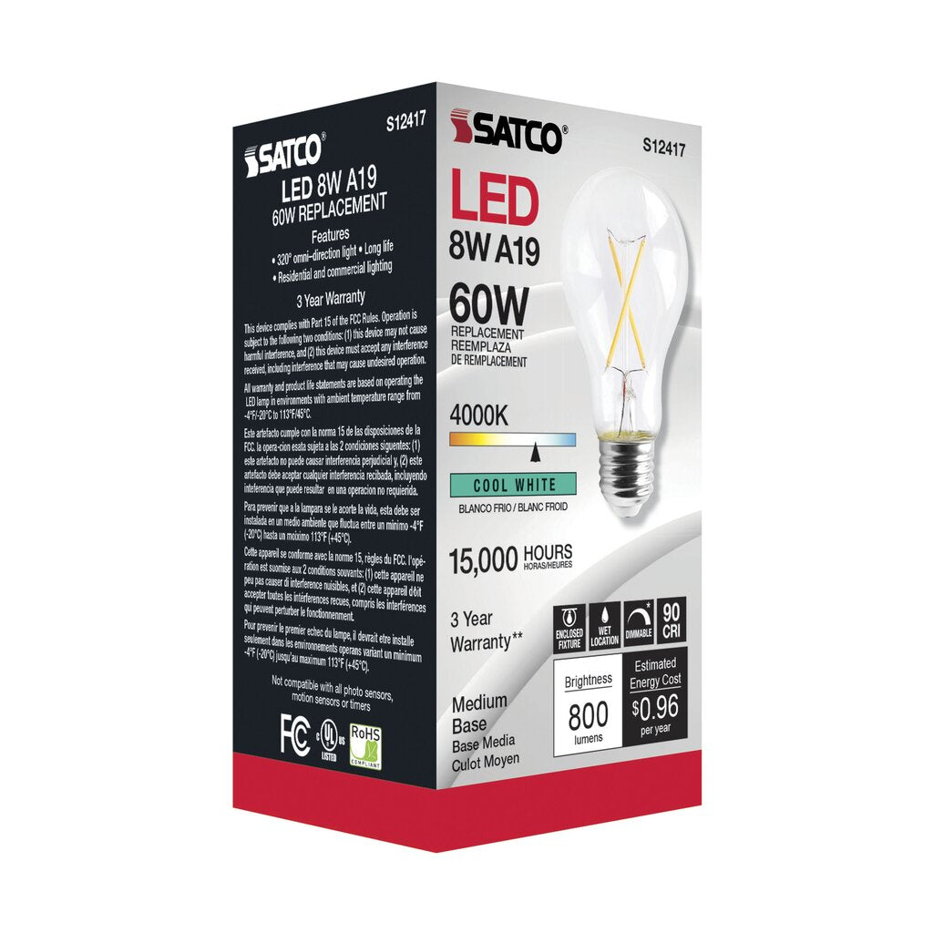 Satco S12417 8W A19 LED Light Bulb