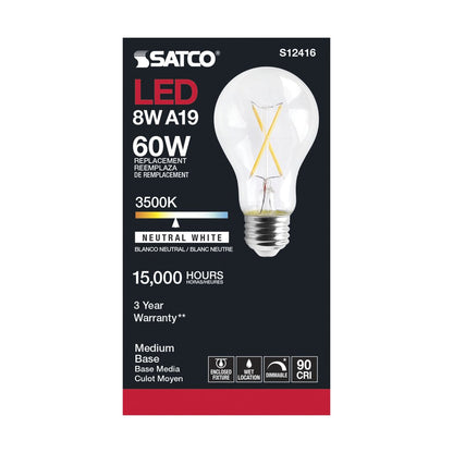 Satco S12416 8W A19 3500K LED Light Bulb