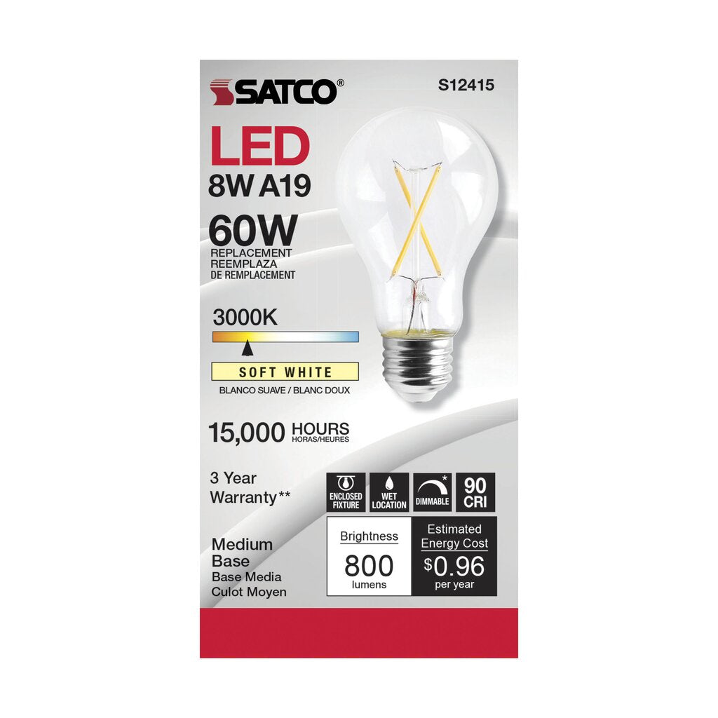 Satco S12415 8W A19 LED Light Bulb