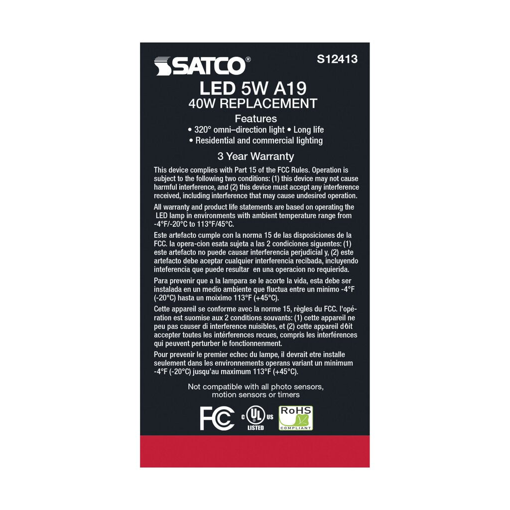 Satco S12413 5W A19 LED Light Bulb