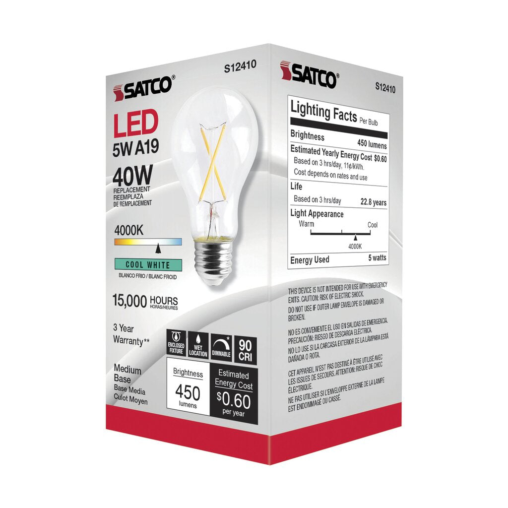 Satco S12410 5W A19 Cool White LED Light Bulb