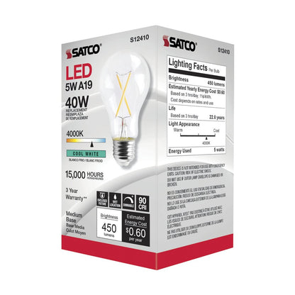 Satco S12410 5W A19 Cool White LED Light Bulb