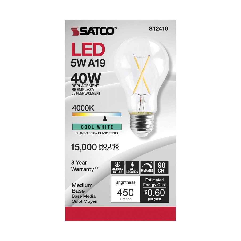 Satco S12410 5W A19 Cool White LED Light Bulb