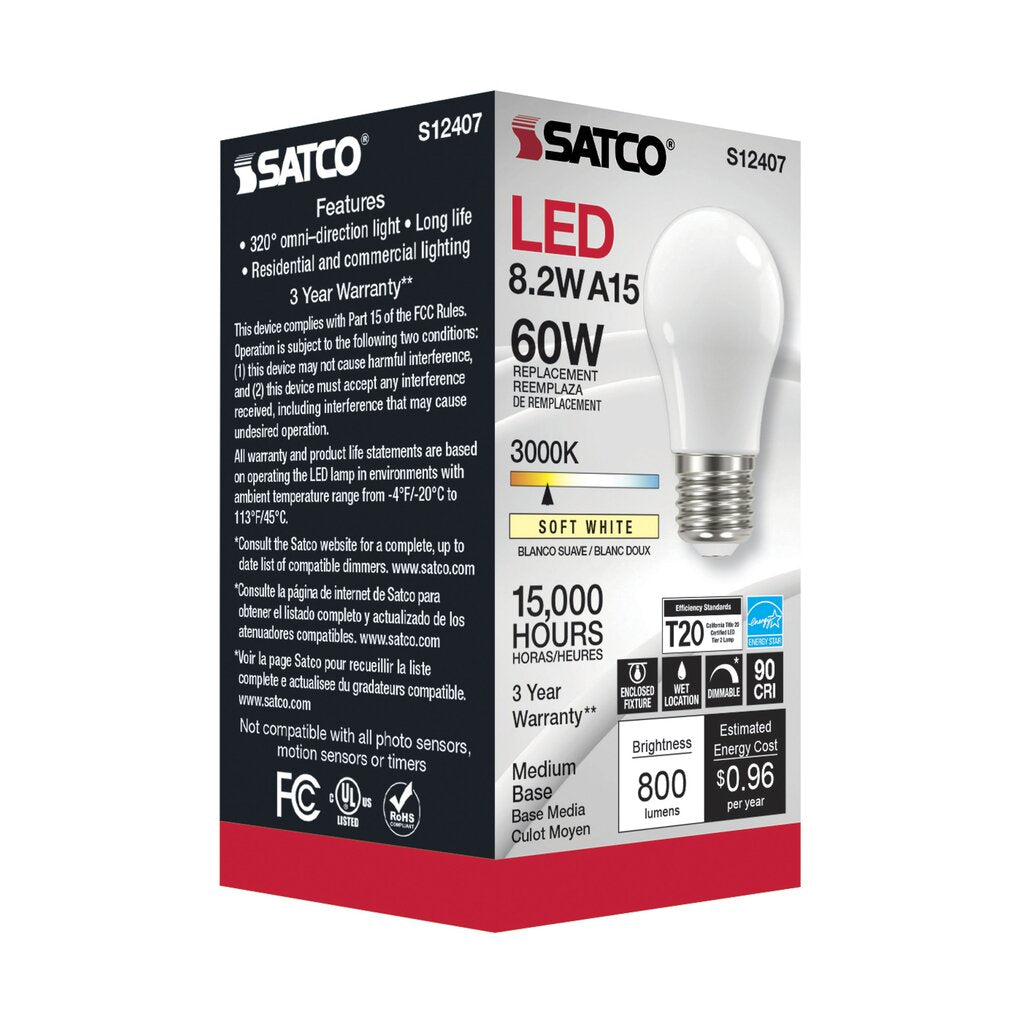 Satco S12407 8.2W A15 Soft White LED Light Bulb