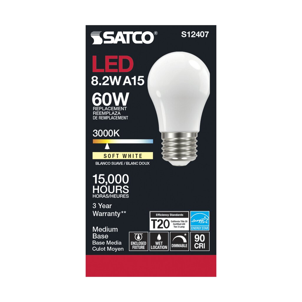 Satco S12407 8.2W A15 Soft White LED Light Bulb