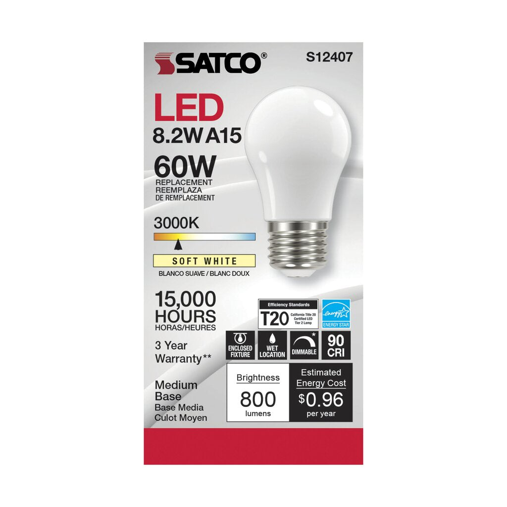 Satco S12407 8.2W A15 Soft White LED Light Bulb