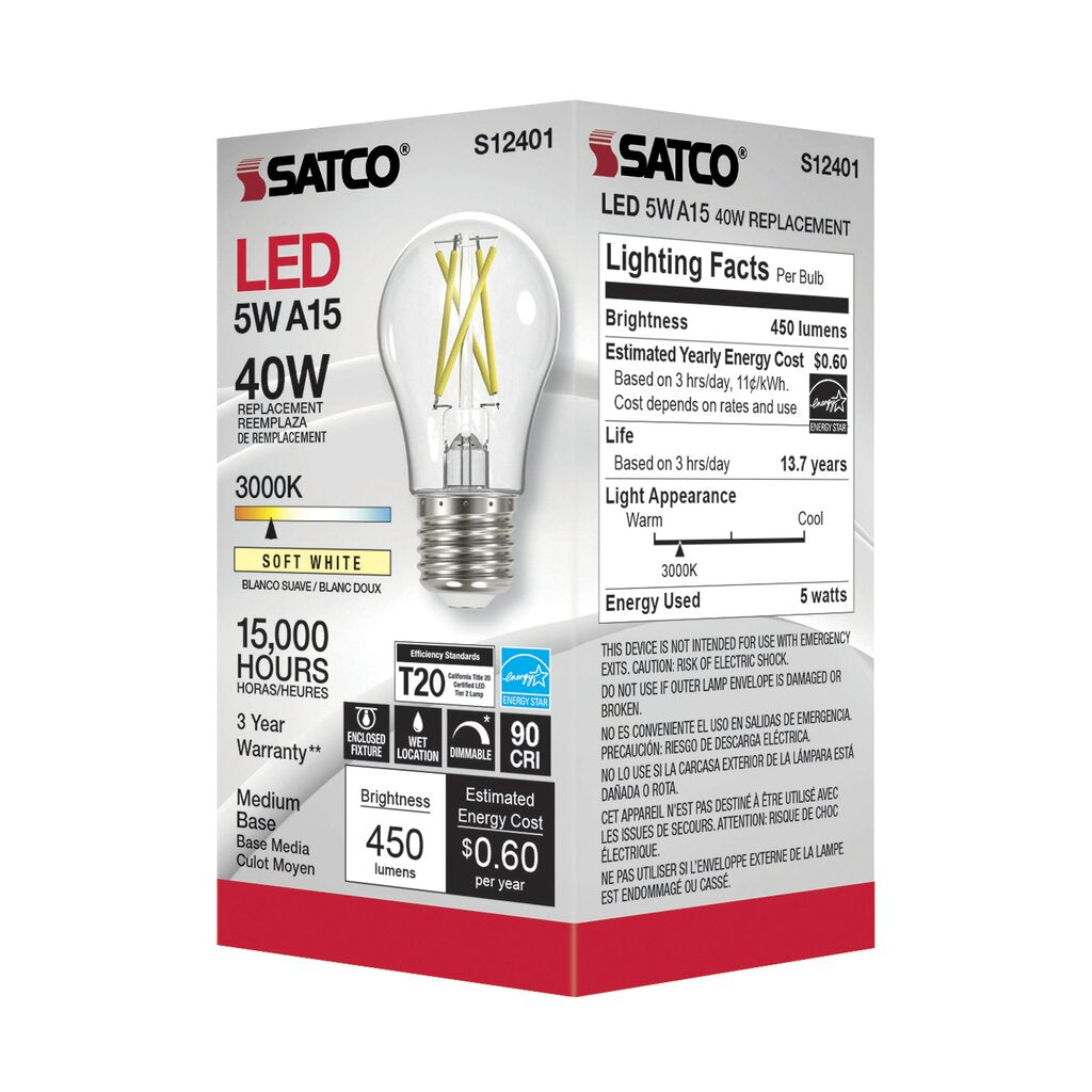 Satco S12401 5W A15 Warm White LED Light Bulb