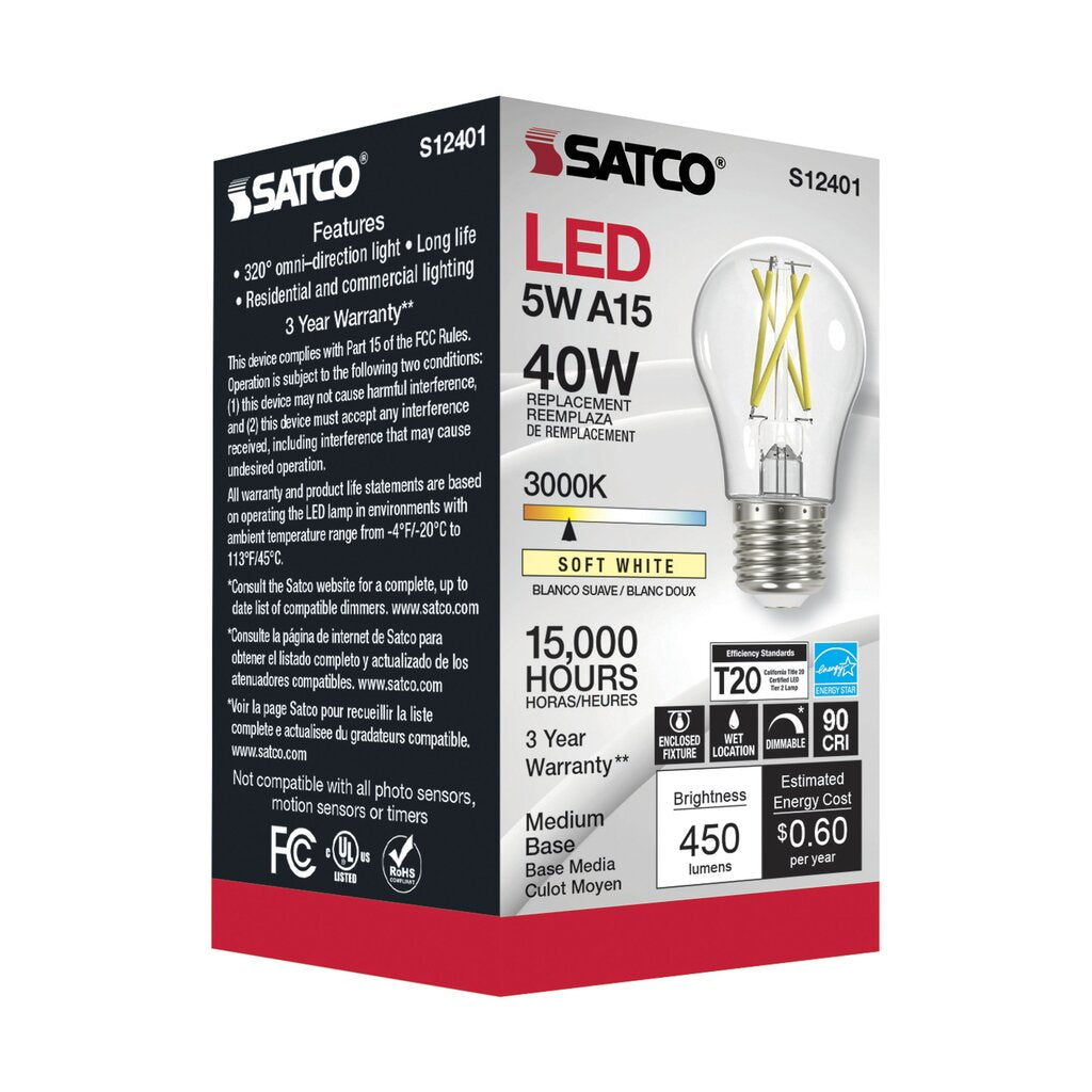 Satco S12401 5W A15 Warm White LED Light Bulb