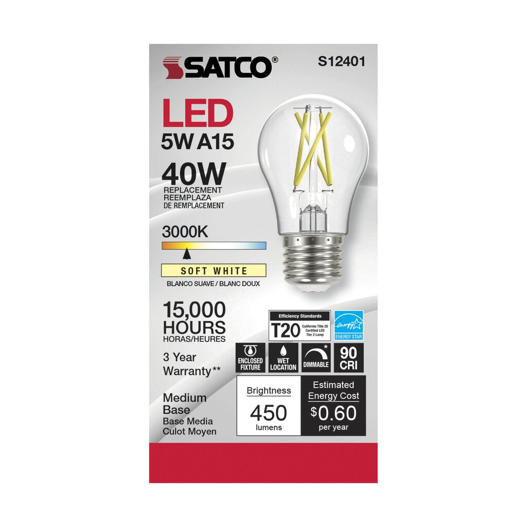 Satco S12401 5W A15 Warm White LED Light Bulb
