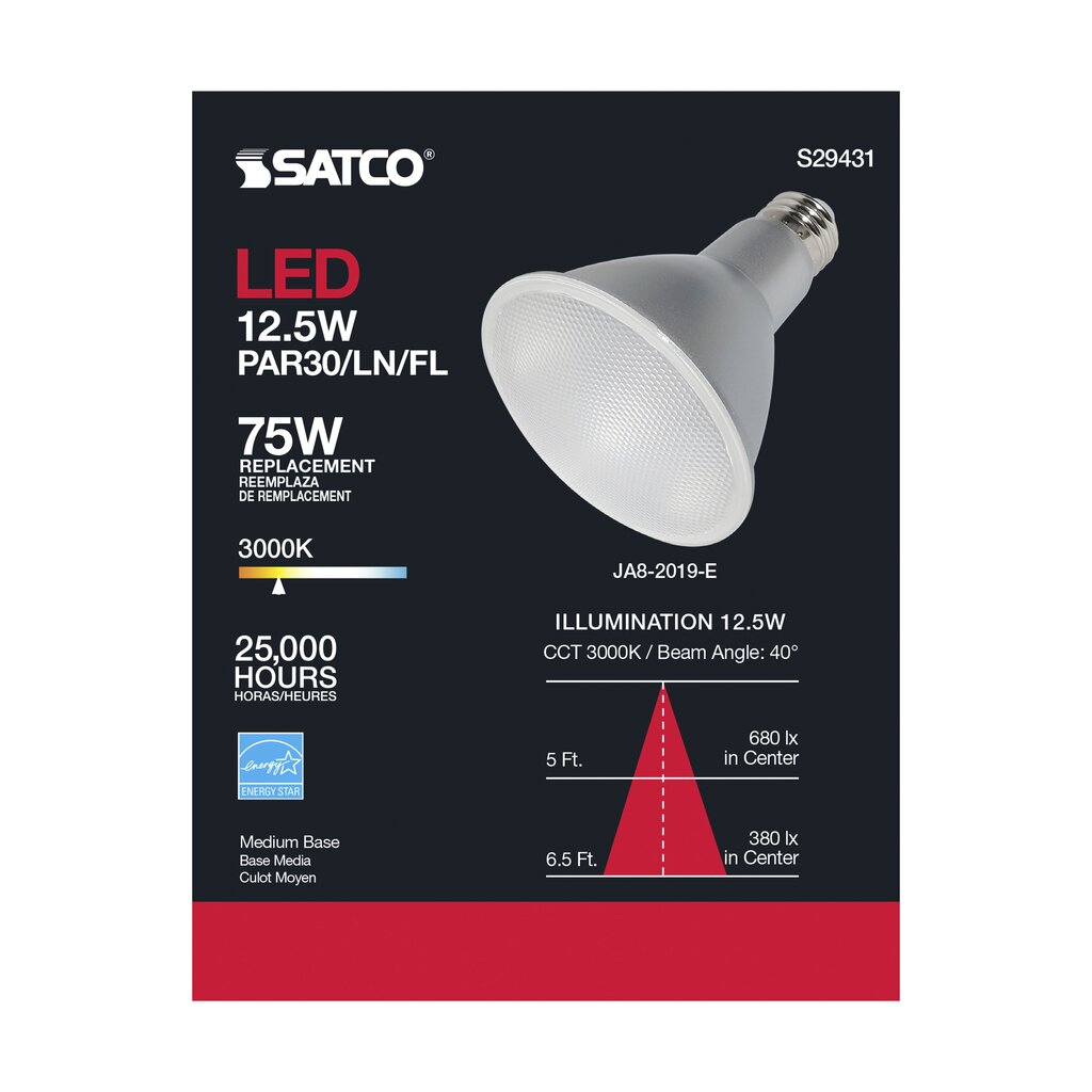 Satco S29431 12.5W PAR30 Long Soft White LED Light Bulb