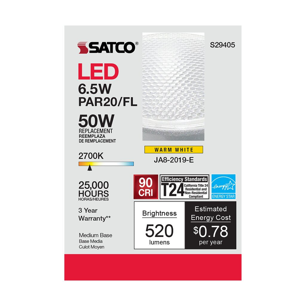 Satco S29405 6.5W PAR20 Warm White LED Light Bulb