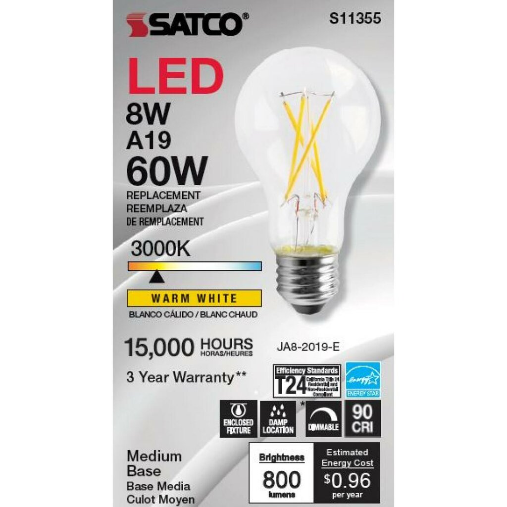 Satco S11355 8W A19 LED Light Bulb