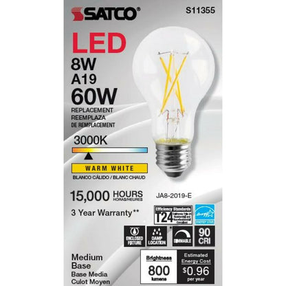 Satco S11355 8W A19 LED Light Bulb