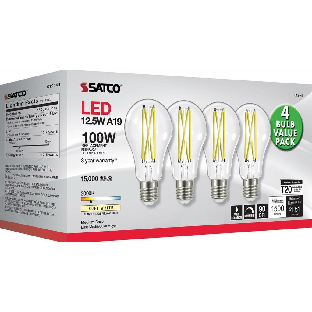 Satco S12443 12.5W A19 Soft White LED Light Bulb