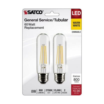 Satco S21865 - 2 pack 8W T10 Warm White LED Light Bulb