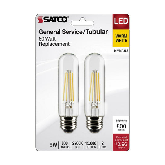 Satco S21865 - 2 pack 8W T10 Warm White LED Light Bulb