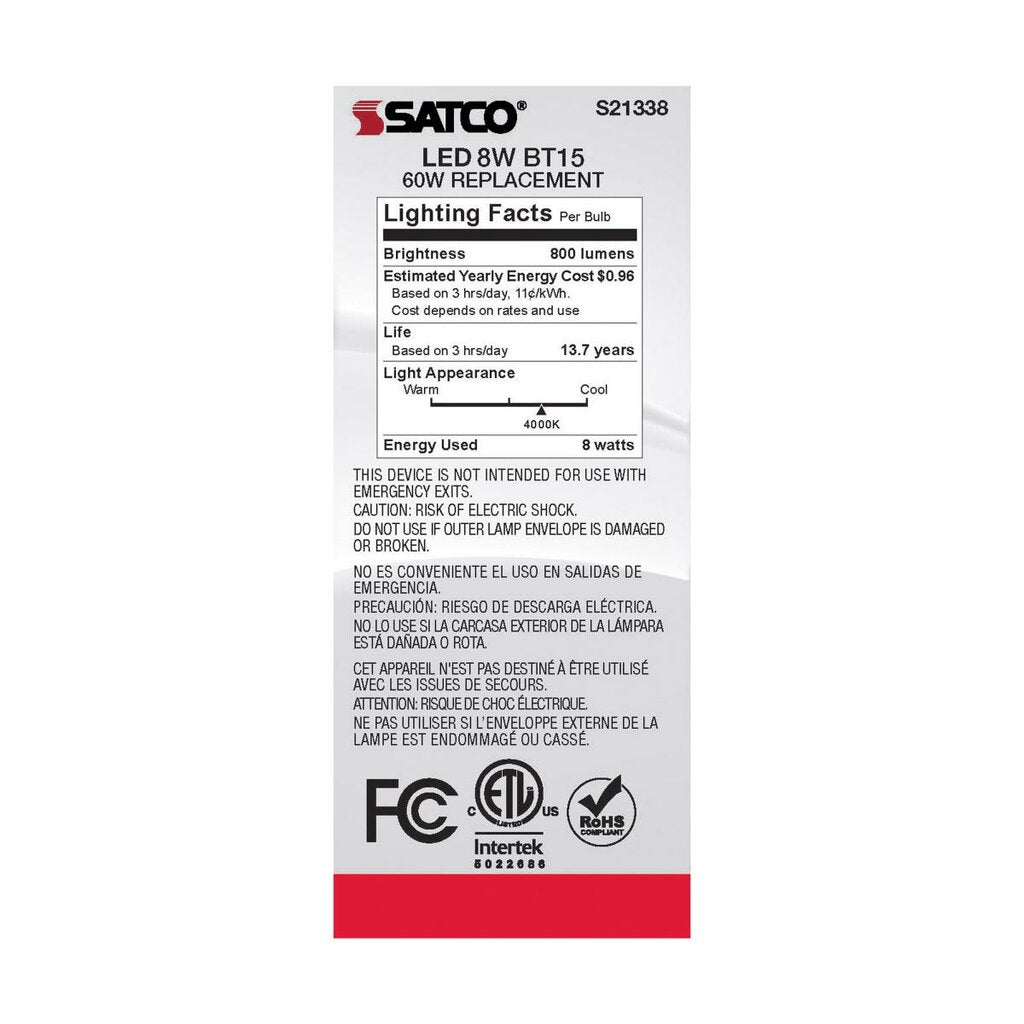 Satco S21338 8W BT15 LED Light Bulb