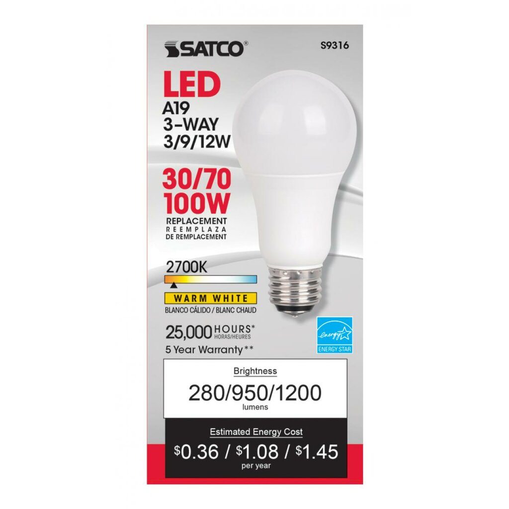 Satco S9316 3W/9W/12W A19 LED Light Bulb