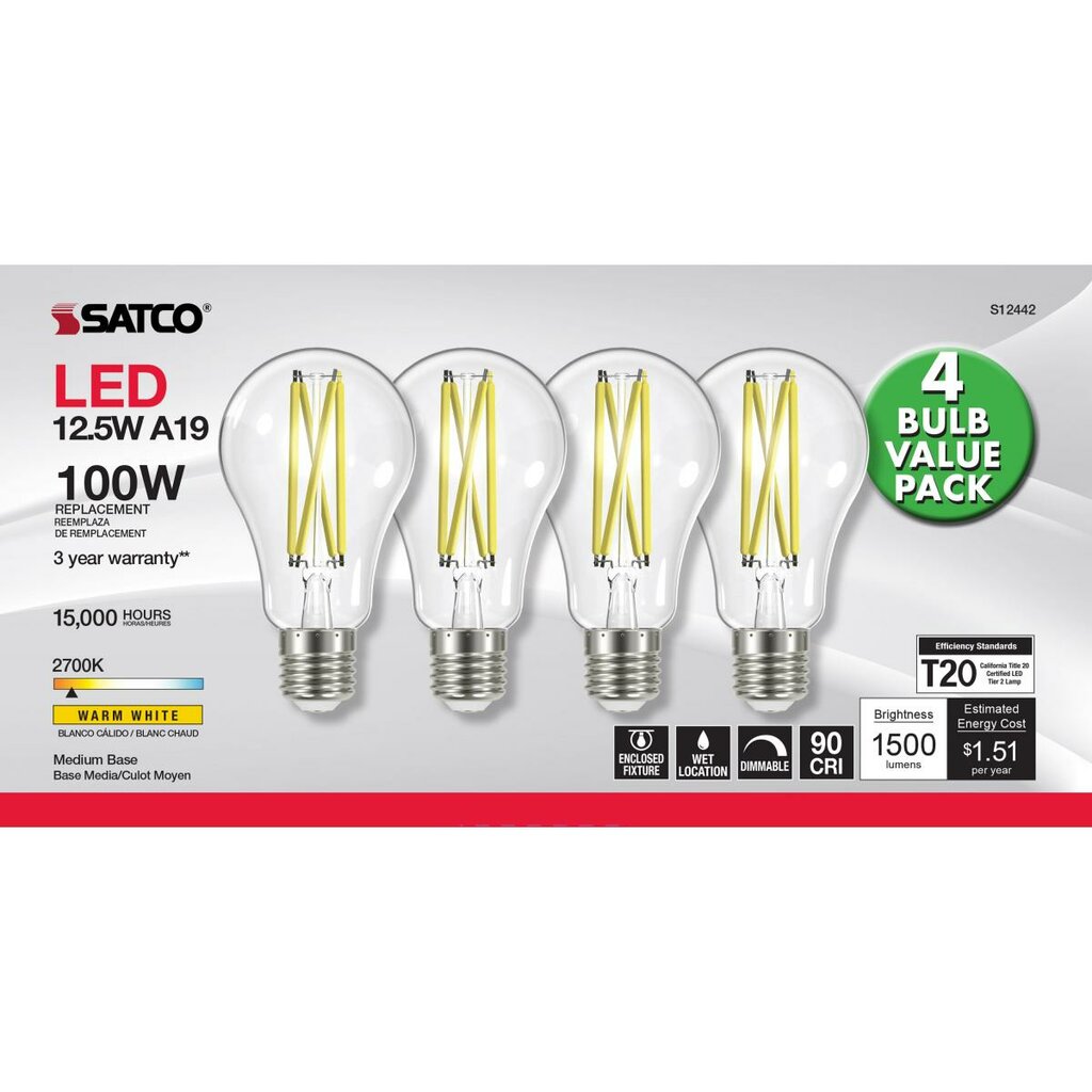 Satco S12442 12.5W A19 LED Light Bulb