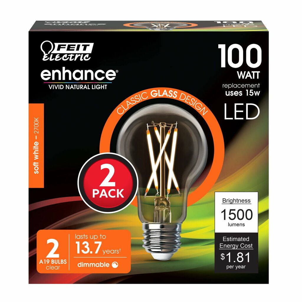 Feit Electric A100CL927CA/FIL/2 15W A19 Warm White LED Light Bulb